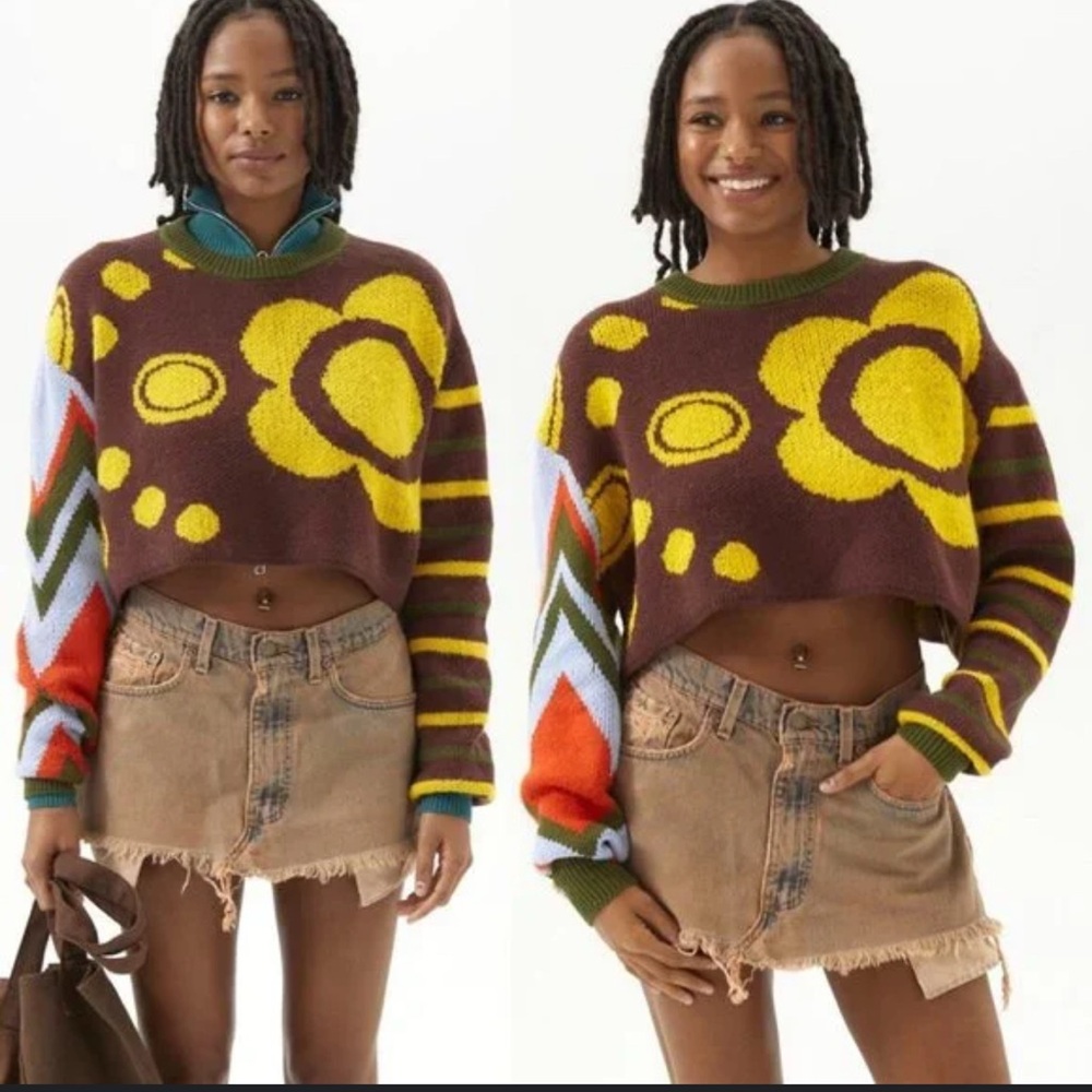 BDG Yellow and Brown Patterned Women's Sweater